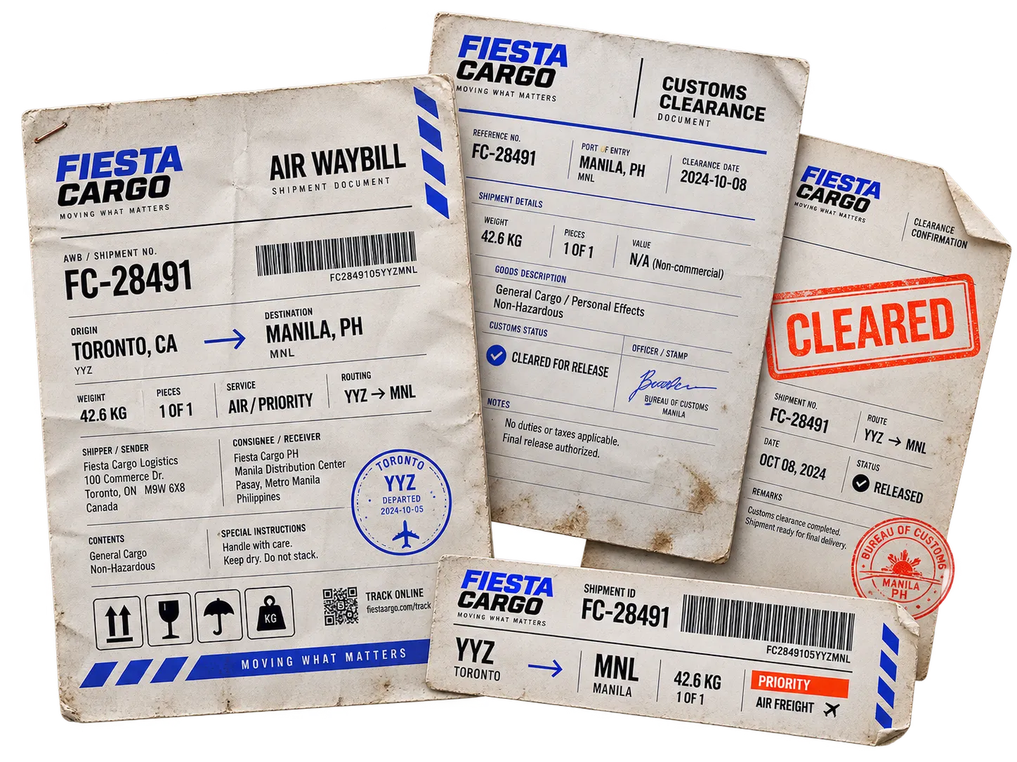 Fiesta Cargo shipping and customs documents marked cleared.