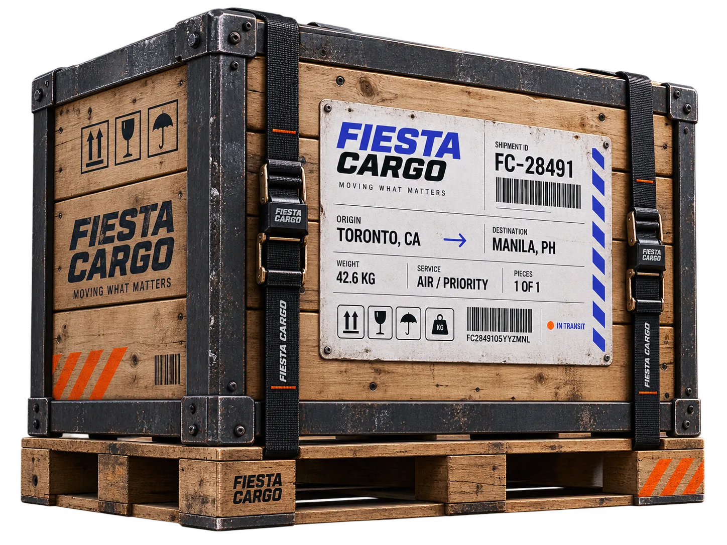 Fiesta Cargo shipping crate prepared with shipment labels.