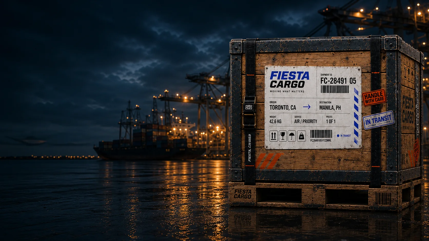 Fiesta Cargo shipment crate at an active international freight port.
