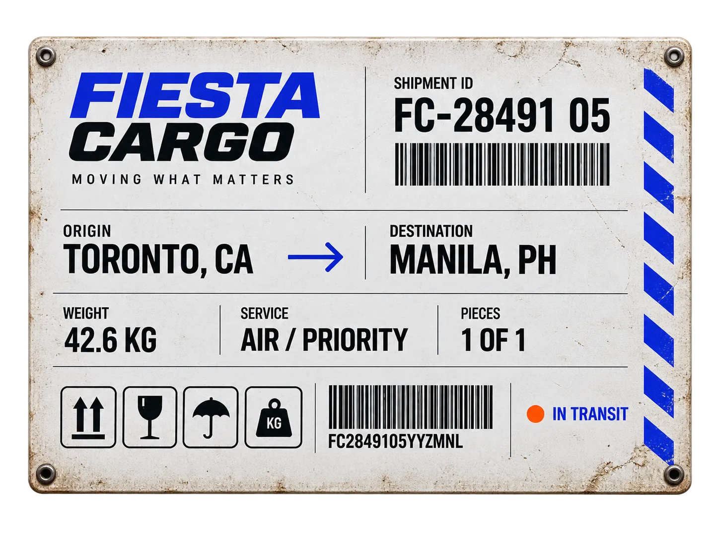 Fiesta Cargo shipment plate for cargo routed from Toronto to Manila.