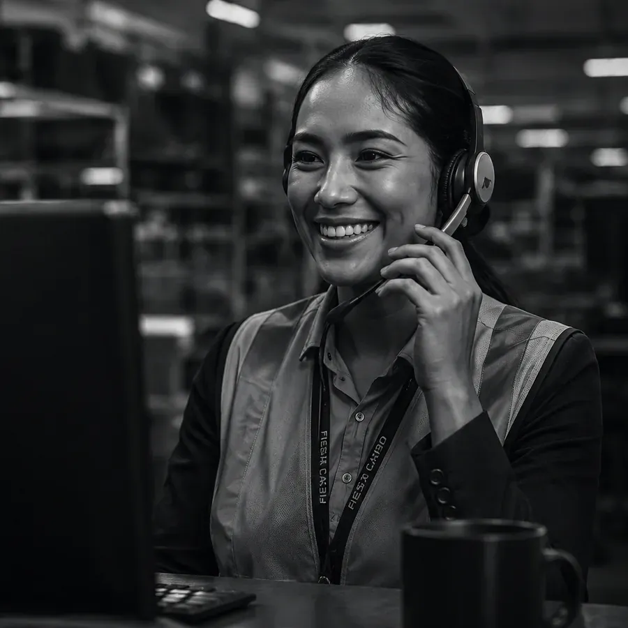 Cargo support representative speaking with a customer by headset.